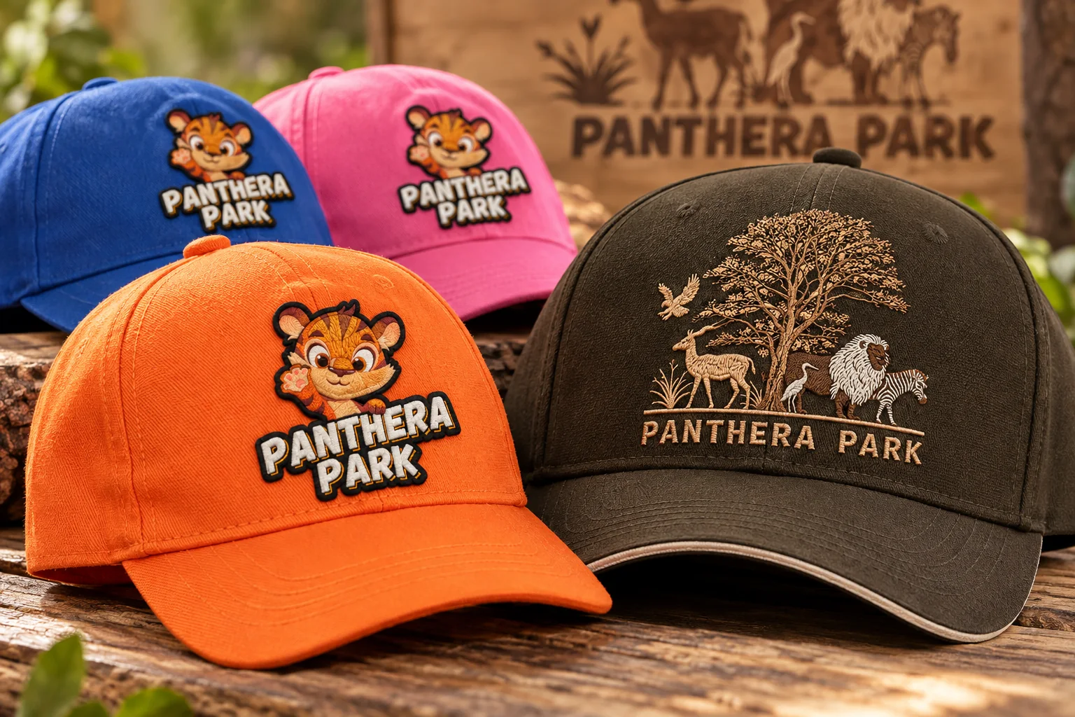 Šiltovky s výšivkou pre deti a dospelých pre Panthera Park – grafický návrh a realizácia