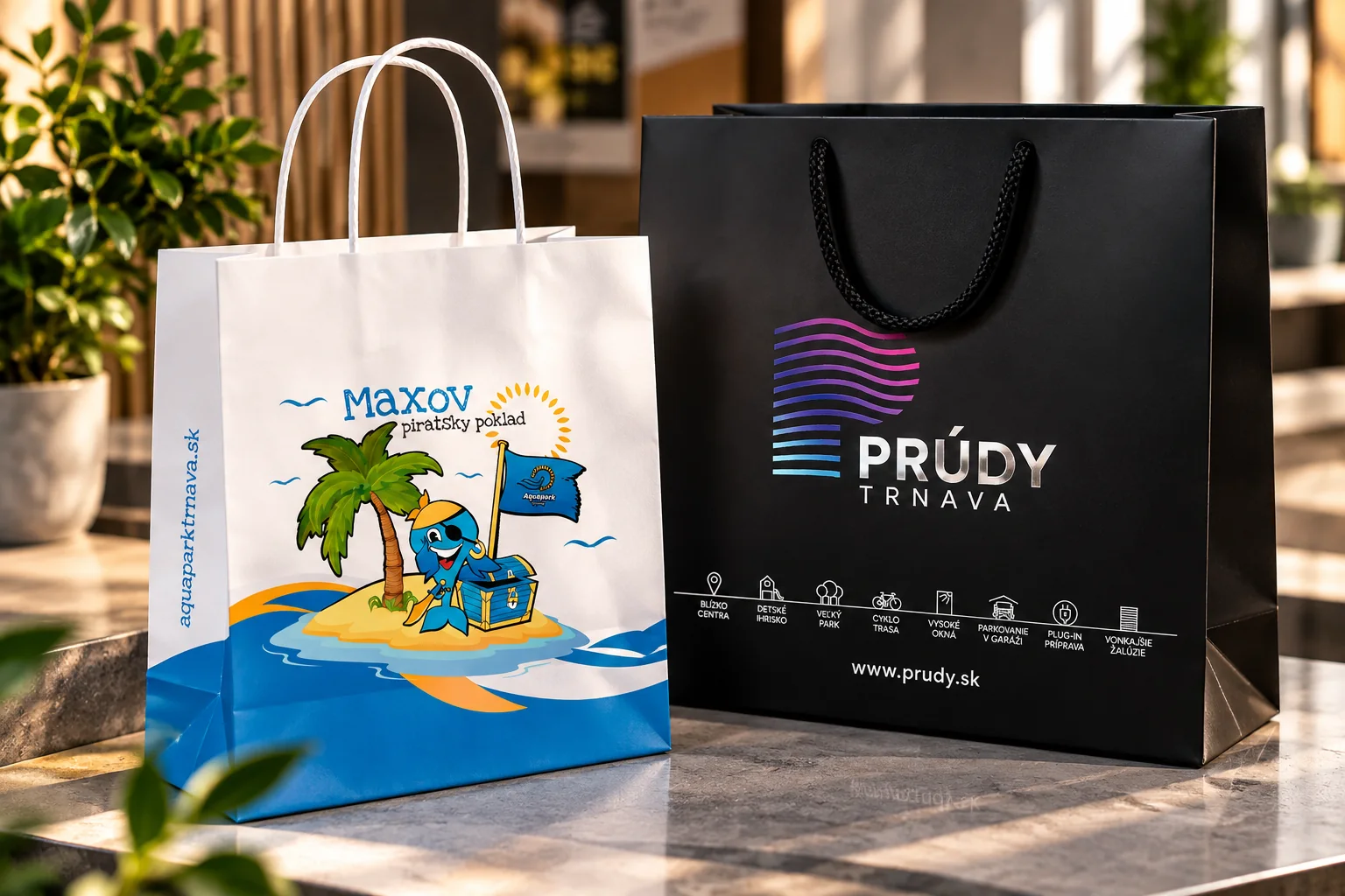Papierové tašky s potlačou pre Aquapark a Prúdy – grafický návrh a realizácia