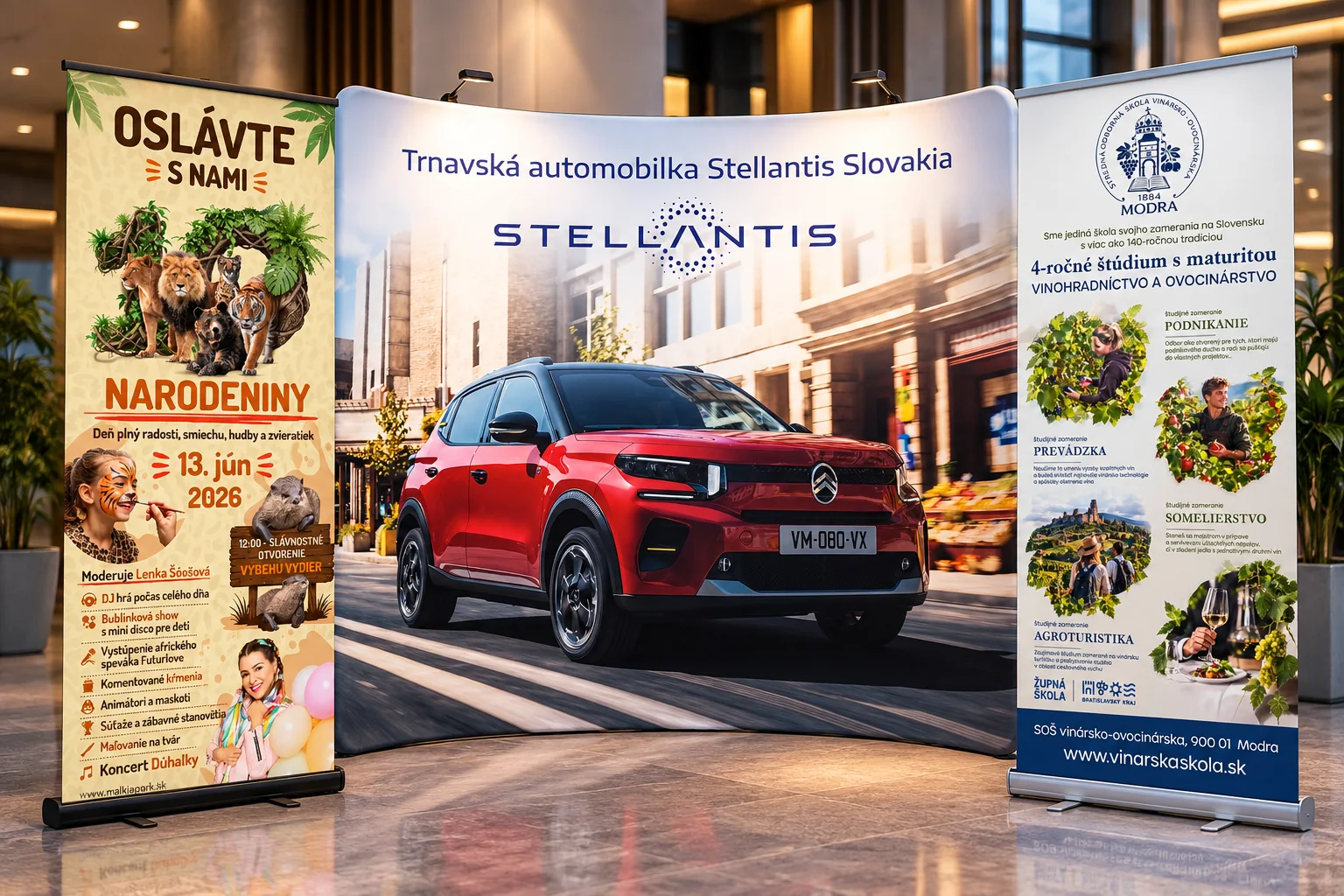 Roll-up a textilná prezentačná stena pre Malkia Park, Stellantis a SOŠ Modra – grafický návrh a realizácia