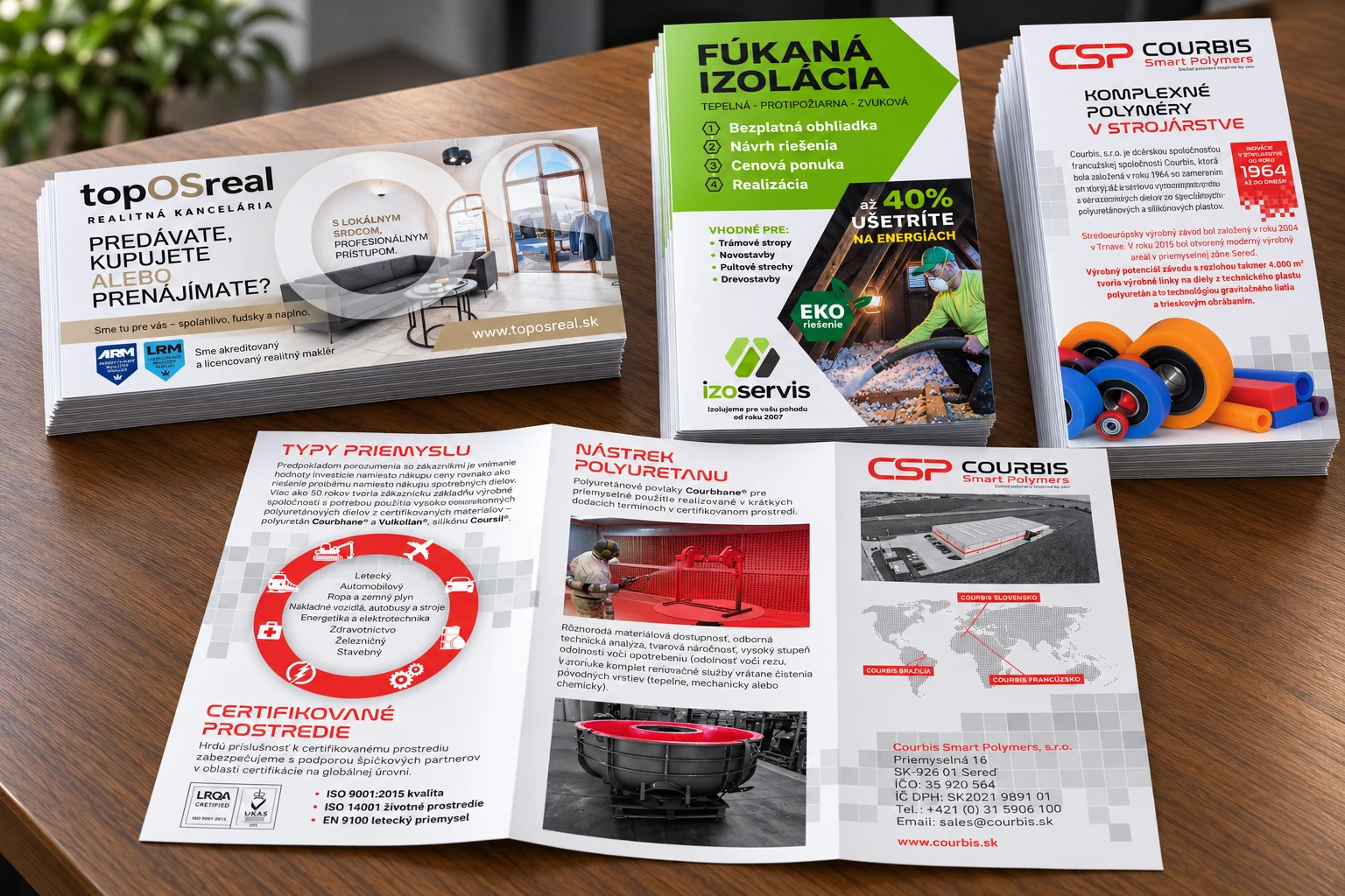 DL a skladané letáky s matnou lamináciou pre topOSreal, IzoServis a CSP Sourbis – grafický návrh a realizácia